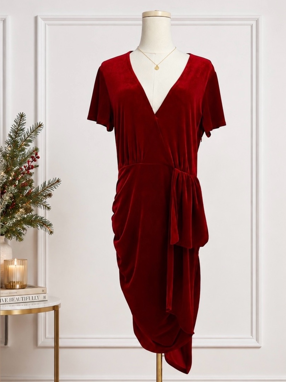 FAB’RIK Deep Red Velvet Surplice Asymmetrical Midi Cocktail Dress L